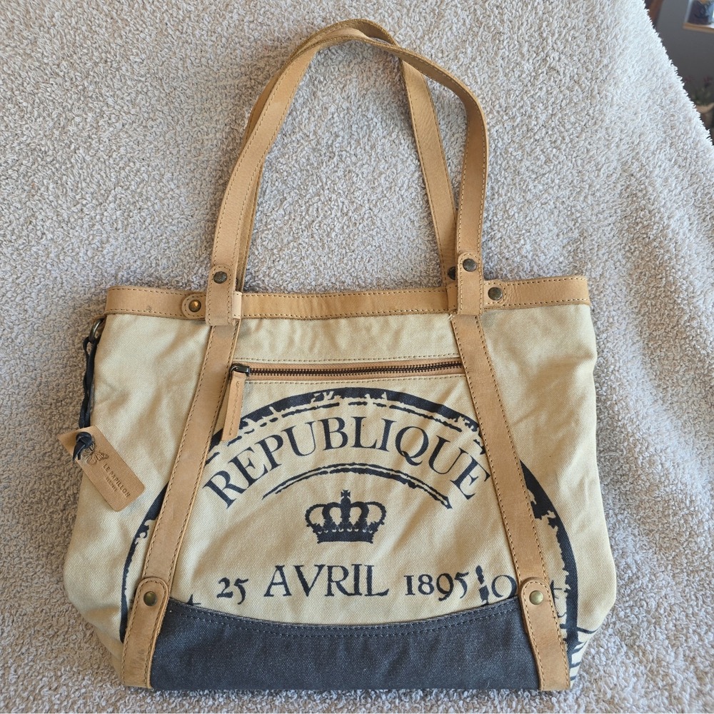 Le Papillon Upcycled Canvas And Leather Shoulder Bag Purse Tote French Detail - Picture 13 of 14